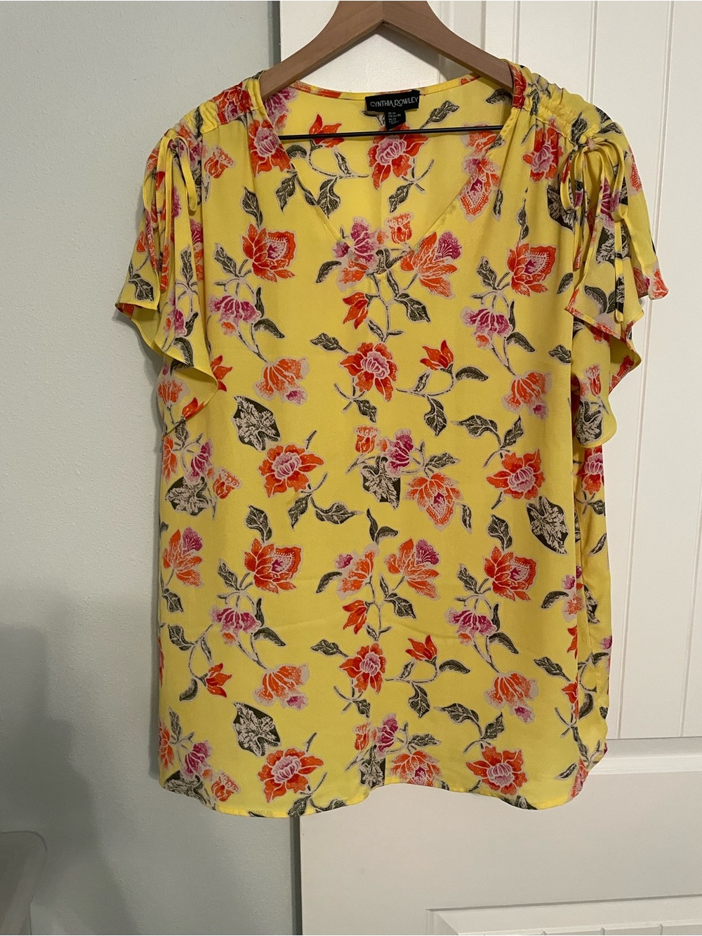 Cynthia Rowley Yellow Floral Ruffle-Sleeve Blouse